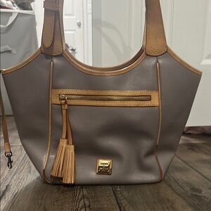Dooney & Bourke Gray and Tan Crescent Shoulder Bag with Leather Handles